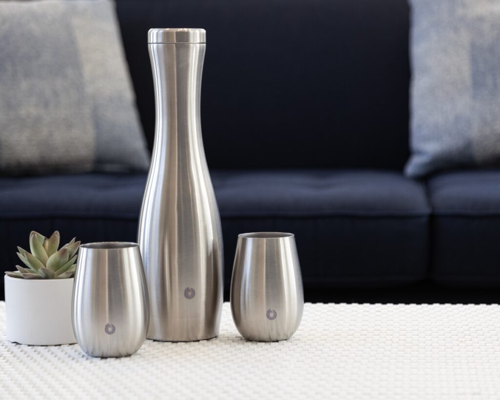 Stainless Steel Carafe and Wine Glass Set